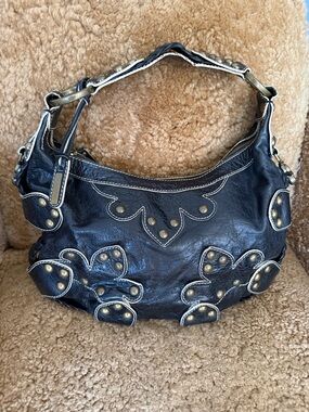 Isabella Fiore Black Leather Shoulder Bag with Brass Stud Accents